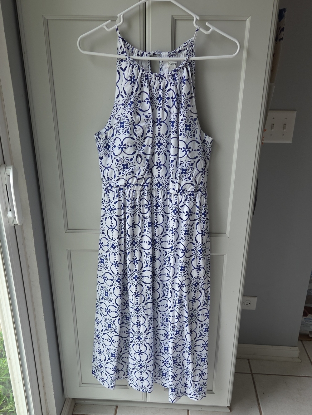 J. Crew Factory White Halter Midi Dress with Blue Tile Print
